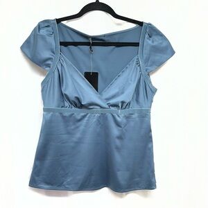 Daisy Fuenter Moda Babydoll Blue Satin Blouse Velvet Trim Y2K 90s